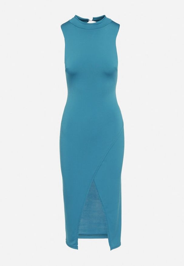 Born2be - Niebieska Sukienka z Półgolfem z Rozcięciem na Przodzie Aelwyn. Okazja: na co dzień, na imprezę. Kolor: niebieski. Materiał: skóra. Długość rękawa: krótki rękaw. Styl: casual