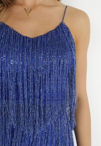 Born2be - Granatowa Sukienka na Ramiączkach z Frędzlami w Cyrkonie i Piórami Mistina. Kolor: niebieski. Materiał: materiał. Długość rękawa: na ramiączkach. Długość: mini #2