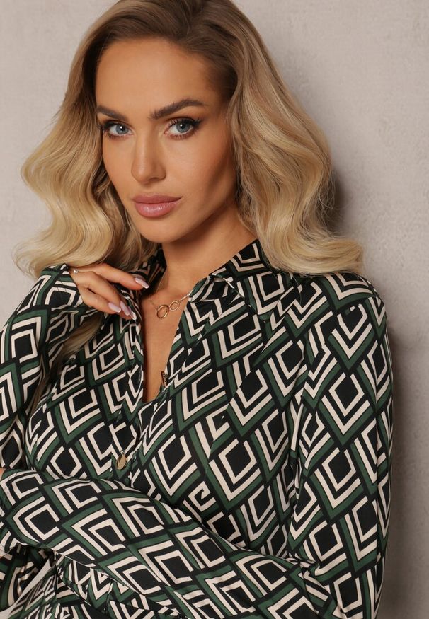 Renee - Zielona Koszulowa Sukienka Maxi w Geometryczny Wzór z Paskiem Oniufe. Kolor: zielony. Materiał: tkanina, materiał. Wzór: geometria. Typ sukienki: koszulowe. Długość: maxi