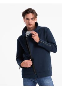 Ombre Clothing - Rozpinana bluza męska ze stójką LONDON - granatowa - Rozmiar: XXL. Typ kołnierza: kołnierzyk stójkowy. Kolor: niebieski. Materiał: poliester, bawełna