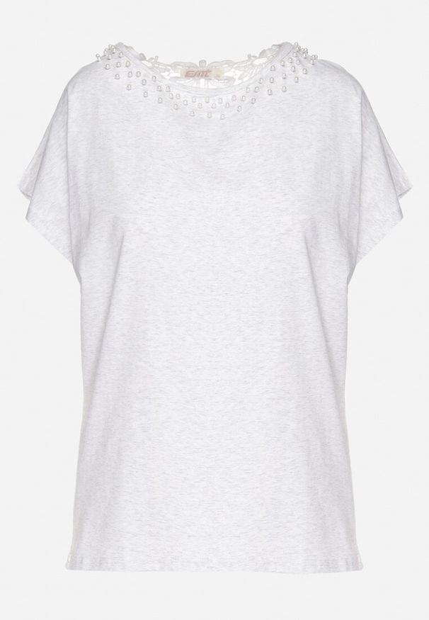 Born2be - Jasnoszary Bawełniany T-shirt Nietoperz z Perłami i Koronką Eleziria. Okazja: na co dzień. Kolor: szary. Materiał: koronka, bawełna. Wzór: koronka. Styl: casual