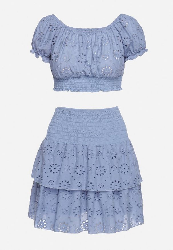 Born2be - Jasnoniebieski Ażurowy Komplet z Bawełny Top w Hiszpańskim Stylu Spódnica z Gumką w Talii Colfea. Kolor: niebieski. Materiał: bawełna. Wzór: ażurowy