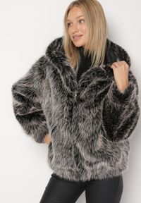 Born2be - Szara Futrzana Kurtka z Nieodpinanym Kapturem Lanellea. Okazja: na co dzień. Kolor: szary. Materiał: futro. Styl: casual, elegancki #1