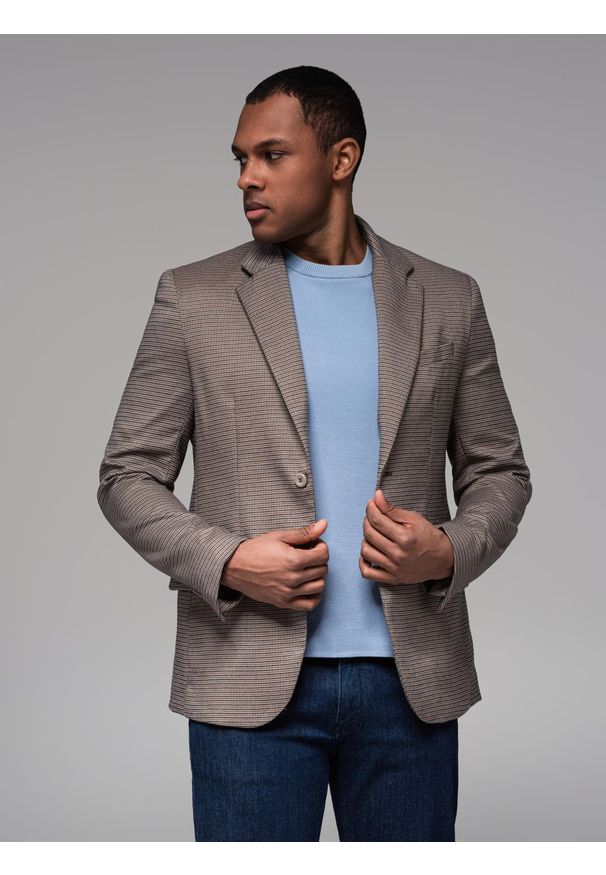 Ombre Clothing - Marynarka męska casual w delikatną kratkę - brązowa V1 - Rozmiar: XXL. Okazja: na co dzień. Kolor: brązowy. Materiał: poliester. Wzór: kratka. Styl: casual