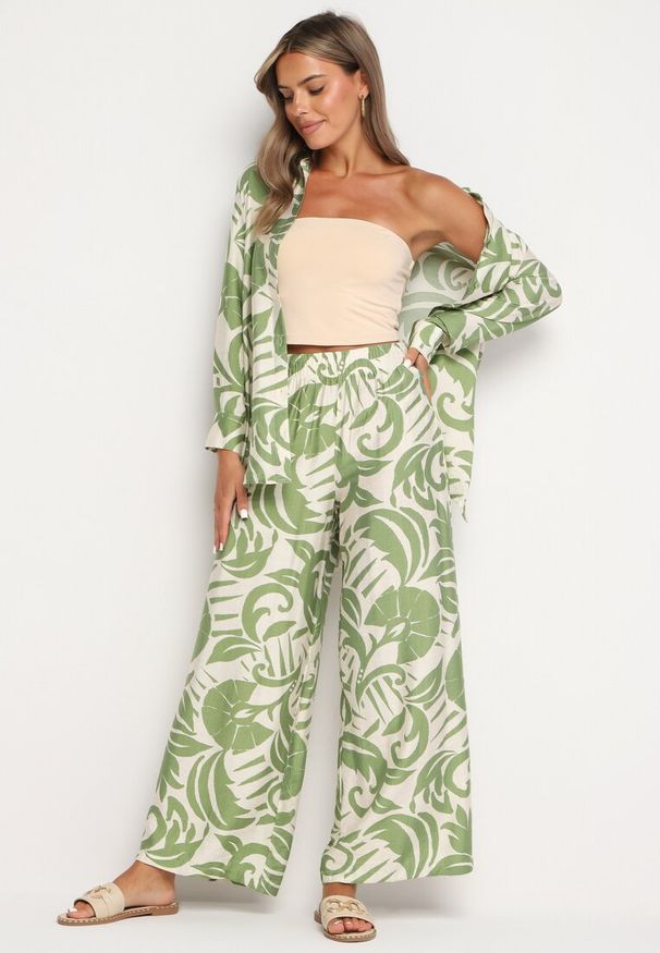 Born2be - Zielony Wiskozowy Komplet Koszula z Długim Rękawem i Szerokie Spodnie Xiseria. Kolor: zielony. Materiał: wiskoza