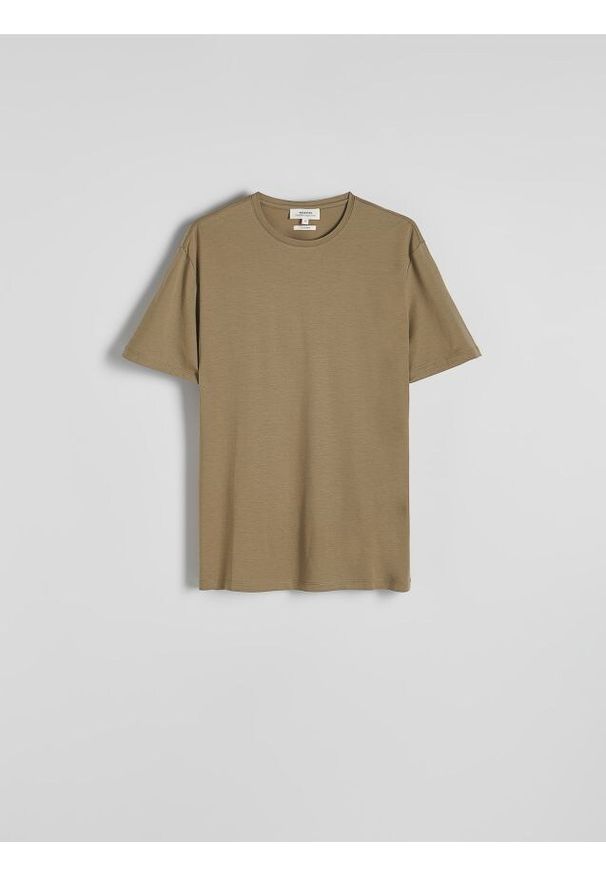 Reserved - T-shirt regular fit z modalem - oliwkowy. Kolor: oliwkowy. Materiał: bawełna