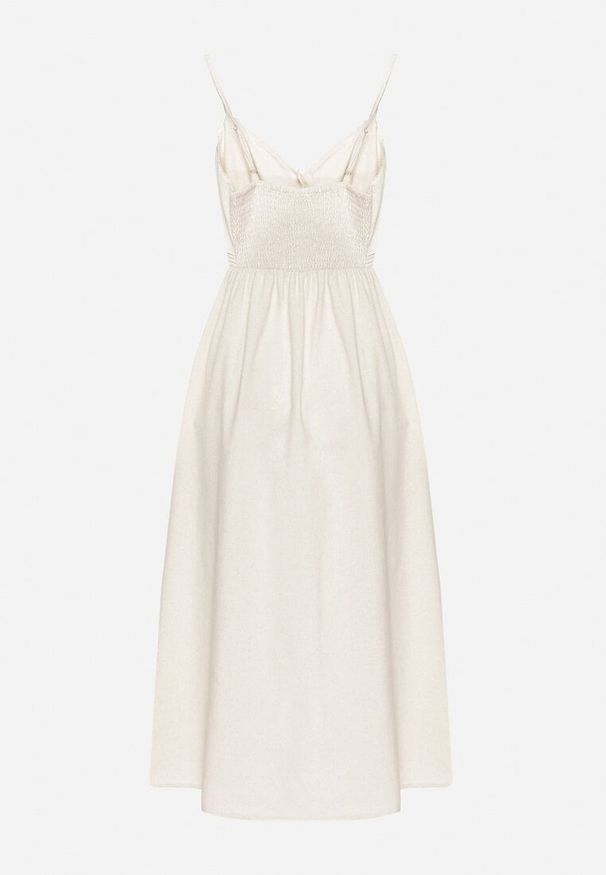 Born2be - Jasnobeżowa Bawełniana Sukienka o Rozkloszowanym Kroju na Ramiączkach z Guzikami Firbia. Okazja: na co dzień. Typ kołnierza: dekolt w kształcie V. Kolor: beżowy. Materiał: bawełna. Długość rękawa: na ramiączkach. Typ sukienki: rozkloszowane. Styl: casual, elegancki