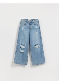 Reserved - Jeansy super wide leg z przetarciami - niebieski. Kolor: niebieski