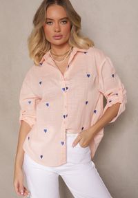 Renee - Różowa Bawełniana Koszula w Serca Elearose. Okazja: na co dzień. Kolor: różowy. Materiał: bawełna. Długość: długie. Styl: klasyczny, elegancki, casual #3