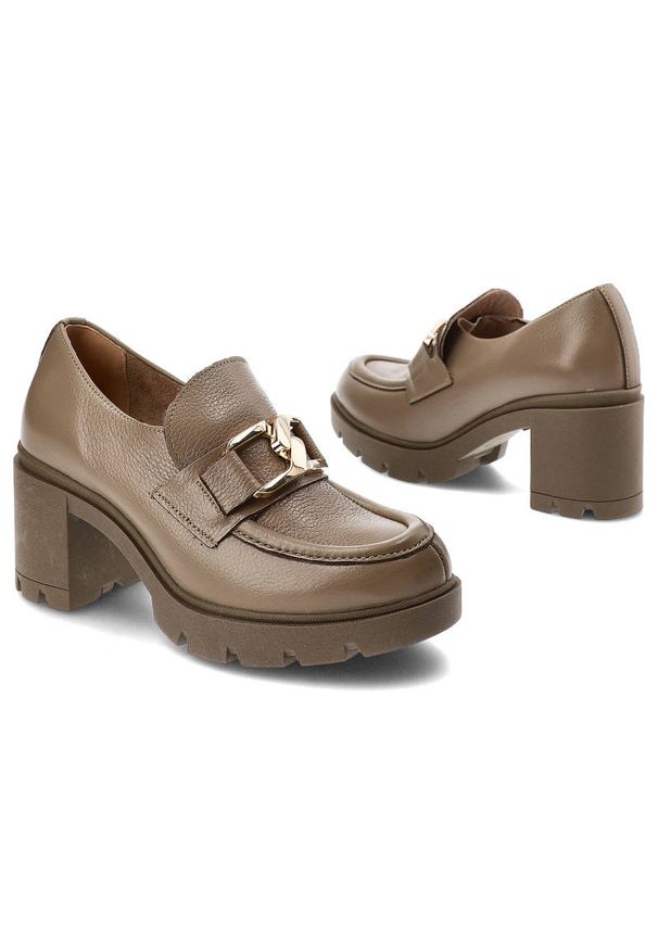 Beżowe Półbuty Lemar Damskie Wygodne Obuwie. Okazja: na co dzień. Zapięcie: klamry. Kolor: beżowy. Materiał: skóra. Obcas: na obcasie. Styl: casual, elegancki. Wysokość obcasa: średni