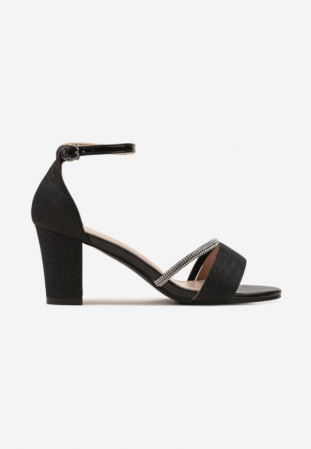 Renee - Czarne Sandały na Słupku Ozdobione Cyrkoniami i Brokatem Zapinane na Sprzączkę Wejkis. Okazja: na imprezę, na co dzień. Nosek buta: otwarty. Zapięcie: sprzączka. Kolor: czarny. Materiał: szyfon, jeans. Wzór: aplikacja. Obcas: na słupku. Styl: casual