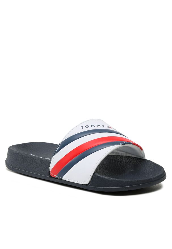 TOMMY HILFIGER - Klapki Tommy Hilfiger Stripes Pool Slide T3B0-32932-1172 M White 100. Kolor: biały. Materiał: skóra