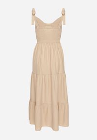 Born2be - Beżowa Rozkloszowana Sukienka z Wiskozą Ozdobiona Wiązaniem na Ramiączkach Meravessa. Okazja: na spacer. Kolor: beżowy. Materiał: wiskoza. Długość rękawa: na ramiączkach. Wzór: aplikacja #5