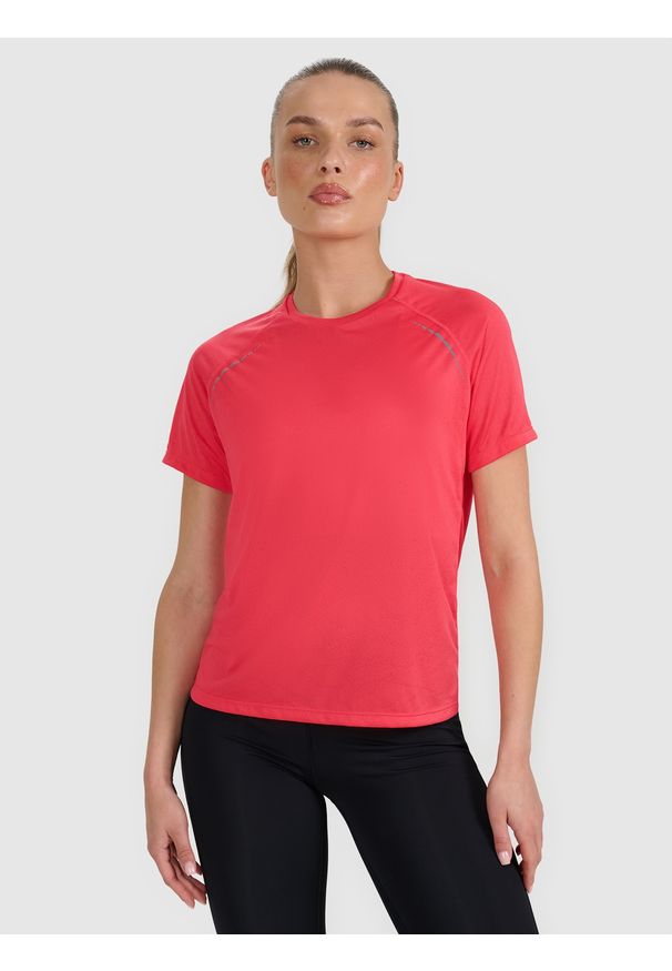 4f - 4F Koszulka do biegania regular szybkoschnąca damska - czerwona L. Kolor: czerwony. Materiał: tkanina, włókno, materiał. Długość rękawa: raglanowy rękaw