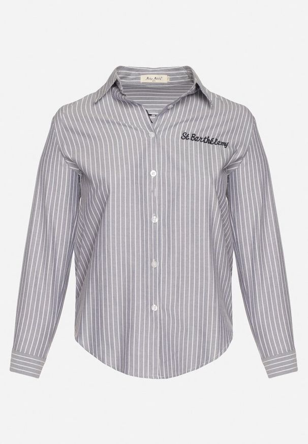 Born2be - Granatowa Koszula w Paski Zdobiona Haftem Denelle. Okazja: do pracy, na co dzień, na spotkanie biznesowe. Typ kołnierza: kołnierzyk klasyczny. Kolor: niebieski. Materiał: jeans. Długość rękawa: długi rękaw. Długość: długie. Wzór: haft, aplikacja, paski. Styl: casual, klasyczny, biznesowy