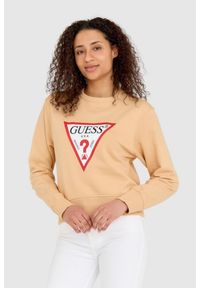 Guess - GUESS Beżowa bluza damska z dużym logotypem regular fit. Kolor: beżowy. Materiał: bawełna #2