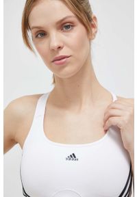 adidas Performance biustonosz sportowy Powerreact kolor biały. Kolor: biały. Materiał: skóra, dzianina, materiał. Rodzaj stanika: wyciągane miseczki. Wzór: ze splotem. Sport: fitness, taniec #3