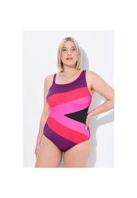 ULLA POPKEN - Damski Strój kąpielowy szerokie kolorowe pasy miękkie miseczki. Kolekcja: plus size. Kolor: różowy. Materiał: poliamid, poliester, materiał, elastan. Wzór: kolorowy #1