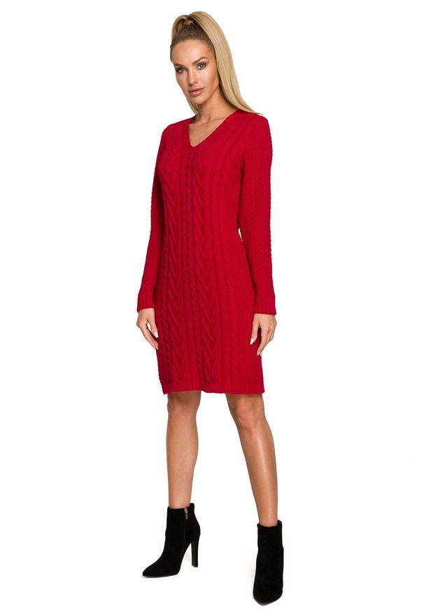 MOE - Swetrowa Sukienka z Warkoczowym Splotem - Malinowa. Kolor: różowy. Materiał: nylon, akryl. Wzór: ze splotem