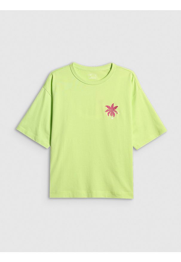 4f - 4F T-shirt boxy z nadrukiem damski - zielony S. Okazja: na co dzień. Kolor: żółty. Materiał: dzianina, bawełna, materiał. Wzór: nadruk. Styl: casual