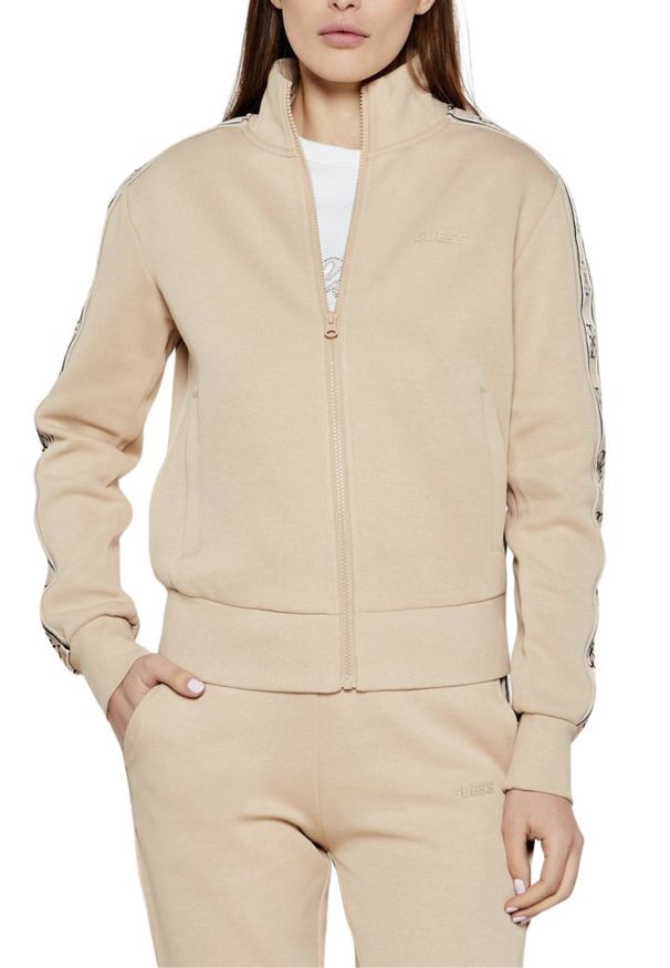 Guess - GUESS Beżowa bluza damska z lampasami Britney, Rozmiar L. Kolor: beżowy