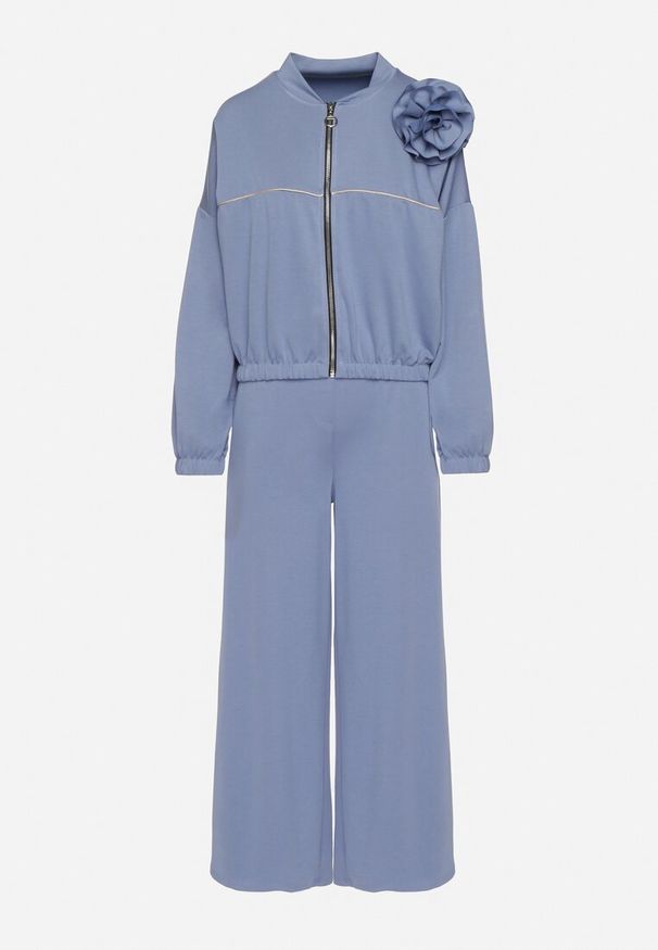 Born2be - Niebieski Komplet Dresowy z Wiskozą Szerokie Spodnie i Bluza ze Stójką i Broszką Redasena. Kolor: niebieski. Materiał: wiskoza, dresówka