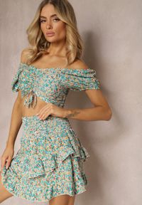 Renee - Beżowo-Zielony Komplet Bluzka w Stylu Hiszpanki i Spódniczka z Gumką Salsem. Kolor: beżowy. Materiał: tkanina