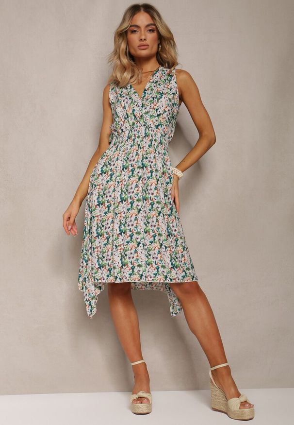 Renee - Zielona Kwiecista Sukienka z Bawełny o Kopertowym Dekolcie i Rozkloszowanym Fasonie Crosa. Kolor: zielony. Materiał: bawełna. Typ sukienki: kopertowe