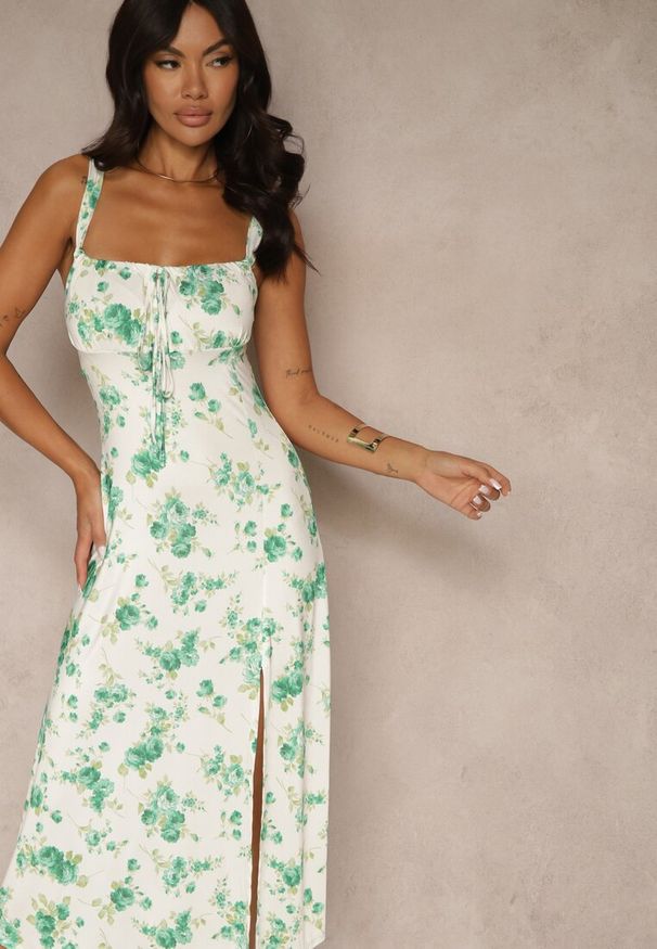 Renee - Biało-Zielona Sukienka w Kwiatowy Wzór z Kwadratowym Dekoltem Firaseve. Typ kołnierza: dekolt kwadratowy. Kolor: zielony. Wzór: kwiaty. Styl: klasyczny