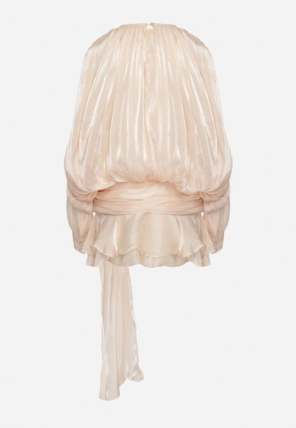 Born2be - Beżowa Sukienka o Bufiastym Kroju z Falbanami Trenem i Wiązaniem Lunalina. Kolor: beżowy. Styl: elegancki, klasyczny