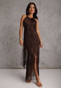 Renee - Brązowa Sukienka Wieczorowa na Ramiączkach z Ozdobnymi Frędzlami Glystarish. Kolor: brązowy. Długość rękawa: na ramiączkach. Styl: wizytowy. Długość: maxi #3