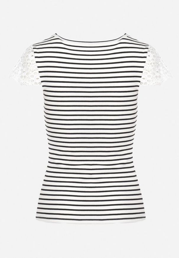 Born2be - Biało-Czarny Bawełniany T-shirt z Prążkowanej Dzianiny Ozdobiony Koronką Liasilo. Okazja: na co dzień. Kolor: biały. Materiał: prążkowany, koronka, bawełna, dzianina. Wzór: koronka, aplikacja. Styl: casual, elegancki