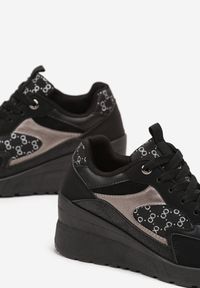 Renee - Czarne Sznurowane Sneakersy na Koturnie z Ozdobnymi Wstawkami Tuelie. Kolor: czarny. Obcas: na koturnie #4