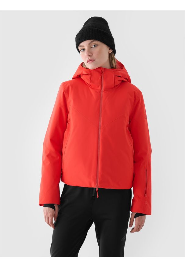 4f - 4F Kurtka narciarska membrana Dermizax 20000 damska - czerwona L. Typ kołnierza: kaptur. Kolor: czerwony. Materiał: tkanina, dzianina, materiał. Długość: długie. Wzór: aplikacja. Sezon: zima. Styl: klasyczny