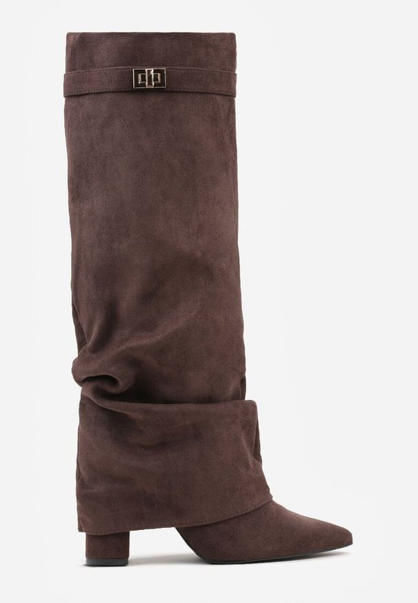 Renee - Brązowe Marszczone Kozaki na Słupkowym Obcasie z Wywiniętą Cholewką Runella. Okazja: na imprezę, na co dzień. Kolor: brązowy. Materiał: skóra, jeans. Szerokość cholewki: normalna. Obcas: na obcasie. Styl: casual, elegancki. Wysokość obcasa: średni