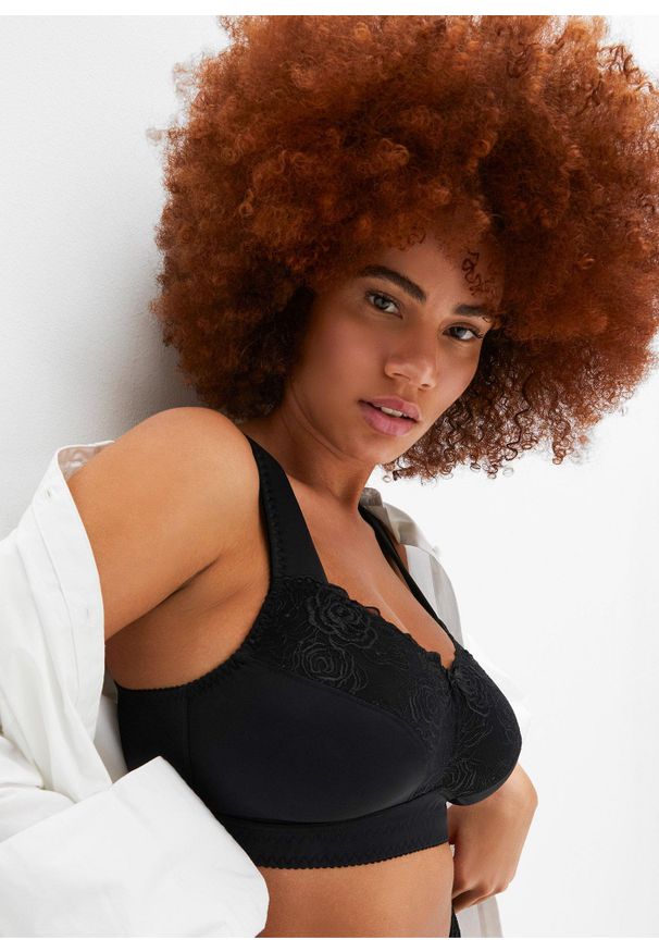 bonprix - Biustonosz minimizer bez fiszbinów z wyściełanymi ramiączkami. Kolor: czarny. Materiał: koronka. Rodzaj stanika: wyściełane miseczki, różne sposoby noszenia. Wzór: haft, kwiaty