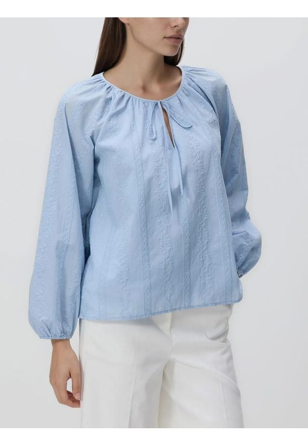 Reserved - Bluzka z haftem - jasnoniebieski. Kolor: niebieski. Materiał: bawełna, tkanina. Wzór: haft. Styl: klasyczny