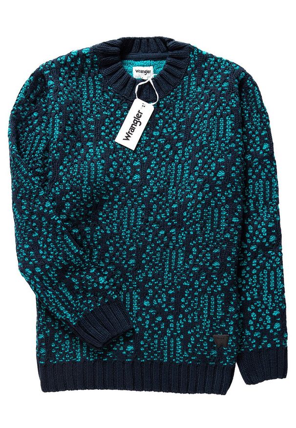 Wrangler - MĘSKI SWETER WRANGLER JACQUARD KNIT DARK NAVY W8641QHAE 112132343. Materiał: żakard, skóra, dzianina