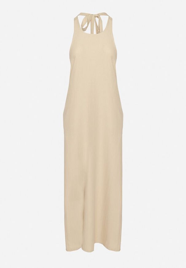 Born2be - Beżowa Sukienka z Wiązaniem na Szyi i Kieszeniami o Trapezowym Kroju Nestatasha. Kolor: beżowy. Typ sukienki: trapezowe