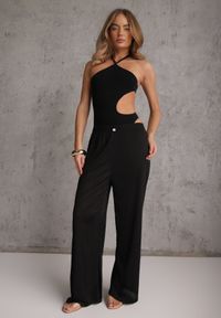 Renee - Czarne Teksturowane Spodnie High Waist Wide Leg z Ozdobnym Guzikiem Aviane. Okazja: na co dzień. Stan: podwyższony. Kolor: czarny. Materiał: tkanina. Długość: krótkie. Styl: casual #4