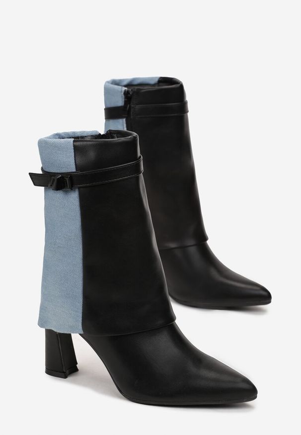 Renee - Czarne Botki na Słupku z Ekoskóry i Jeansu Acenda. Kolor: czarny. Materiał: jeans. Obcas: na słupku
