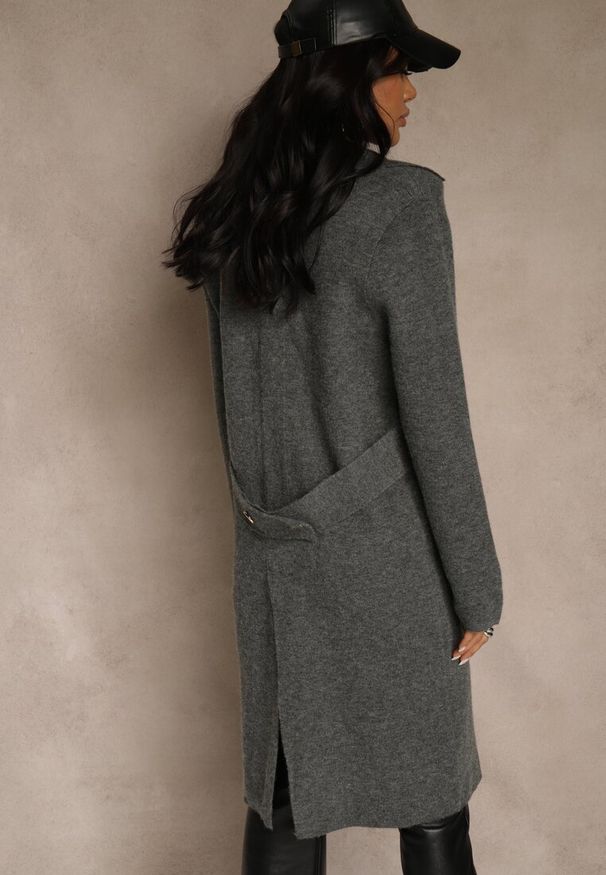 Renee - Szary Płaszcz Dwurzędowy o Długim Kroju w Eleganckim Stylu Saratusa. Okazja: do pracy. Kolor: szary. Materiał: jeans. Długość: długie. Styl: elegancki