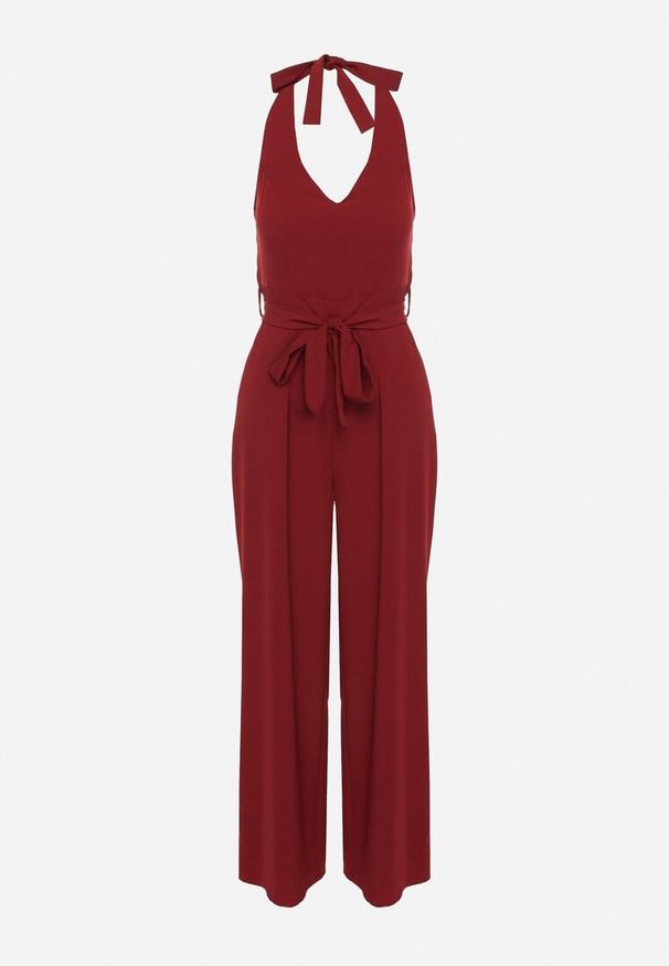 Born2be - Bordowy Taliowany Kombinezon z Paskiem Wiązaniem i Odkrytymi Plecami Malurea. Okazja: na imprezę, na co dzień. Kolor: czerwony. Materiał: jeans. Sezon: lato. Styl: casual