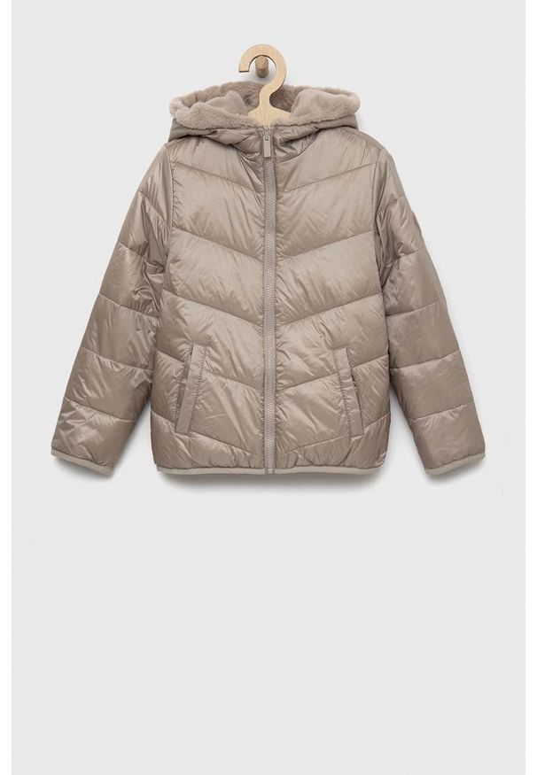 Abercrombie & Fitch kurtka dwustronna dziecięca kolor szary. Okazja: na co dzień. Typ kołnierza: kaptur. Kolor: szary. Materiał: poliester. Styl: casual