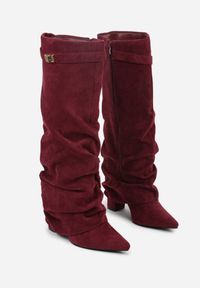 Renee - Bordowe Marszczone Kozaki na Słupkowym Obcasie z Wywiniętą Cholewką Runella. Okazja: na imprezę, na co dzień. Kolor: czerwony. Materiał: skóra, jeans. Szerokość cholewki: normalna. Obcas: na obcasie. Styl: elegancki, casual. Wysokość obcasa: średni #6