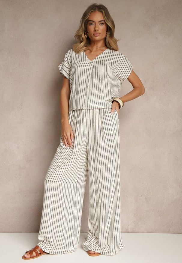 Renee - Biało-Niebieskie Szerokie Spodnie High Waist w Paski z Bawełny Silorea. Okazja: na co dzień. Stan: podwyższony. Kolor: biały. Materiał: bawełna. Wzór: paski. Styl: elegancki, casual
