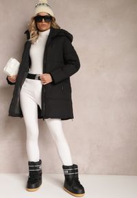 Renee - Czarna Kurtka Pikowana z Suwakami po Bokach Hafida. Okazja: na co dzień. Kolor: czarny. Materiał: jeans. Długość rękawa: długi rękaw. Długość: długie. Sezon: zima. Styl: casual
