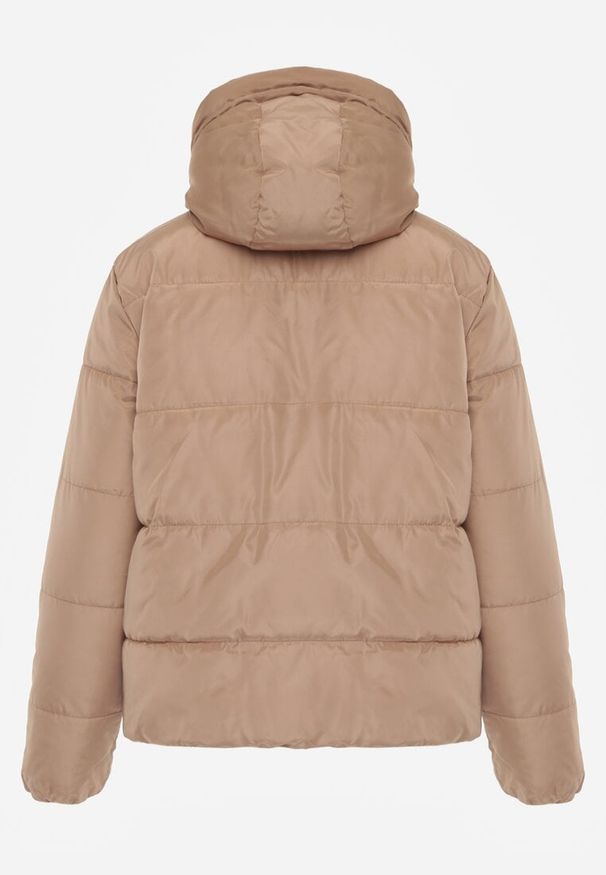 Renee - Ciemnobeżowa Pikowana Kurtka Dwustronna z Kapturem Ozdobiona Suwakami Nevetila. Okazja: na co dzień. Typ kołnierza: kaptur. Kolor: beżowy. Materiał: jeans. Wzór: aplikacja. Styl: casual