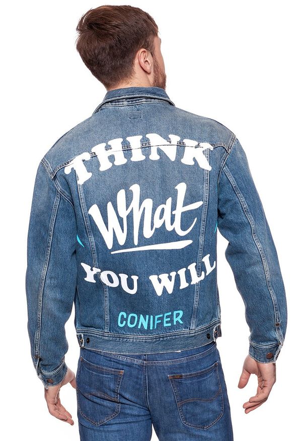 Lee - KURTKA JEANSOWA LEE OVERSIZED RIDER DUSK VINTAGE L88Z44ATA. Materiał: jeans. Wzór: nadruk. Styl: vintage