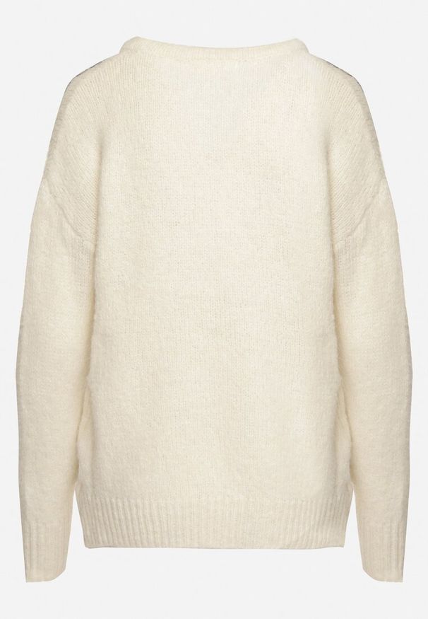 Born2be - Jasnobeżowy Sweter z Ozdobnym Haftem i Rozcięciem z Domieszką Wełny Anninna. Okazja: na co dzień. Typ kołnierza: dekolt w kształcie V. Kolor: beżowy. Materiał: wełna. Długość rękawa: długi rękaw. Długość: długie. Wzór: haft. Styl: casual
